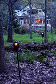 Villa with illuminated windows in woods