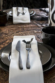 Black and white place setting for Halloween