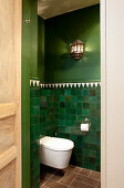 Toilet in room with Oriental-style green walls