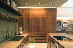 Modern fitted kitchen in dark wood and concrete