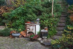 Old wood-fired stove used as decoration in garden