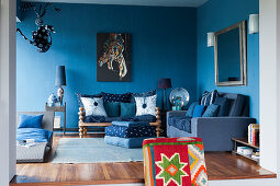 Seating area in blue living room
