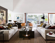 Opposing sofas in the symmetrical living room