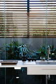 Elegant sink unit with integrated sink against glass wall with louvre blinds