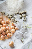 Pearl onions, quail eggs, feathers and decorative sisal straw on coarse fabric