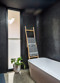 Modern freestanding bathtub in bathroom with black walls and frosted glass windows