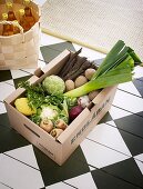 Various fresh vegetables in an organic crate on a chequered floor