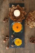 Autumnal arrangement of yellow pot marigolds in jars and paper-flower candle holders