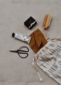 Cloth bag, scissors, knitted cloth, oil paint, soap and nail brush