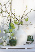 Delicate spring arrangement of budding branches and snowdrops