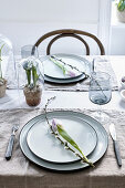 Teller mit Tulpe und Weidenkätzchen auf gedecktem Tisch