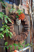 Wreath of tree bark decorated with rose hips and bird cake