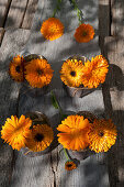 Posies of pot marigolds in beakers wrapped in felt and twine