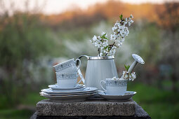 Weißes Kaffeegeschirr und Gießkanne mit Apfelblütenzweigen auf Steinplatte im Freien