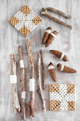 Sticks, fir cones and coasters for natural, Bohemian-style decoration ideas