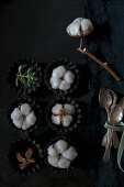 Cotton bolls and succulents arranged in tart cases