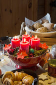 Red pillar candles and numbered felt stars in colander