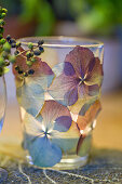 Lantern with dried and pressed hydrangea blossoms