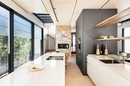 Modern kitchen in narrow architect-designed house with glass wall