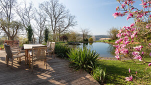 Seating on the wooden terrace, flowering magnolia tree, and yucca in front of a swimming pond