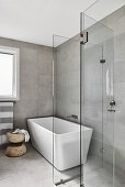 Free-standing bathtub and glass walk-in shower in bathroom