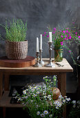 Bouquets of wild Carthusian pinks, grasses and annual fleabane, basket of thyme on wooden disc and silver candle holders