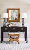 Antique stool with velvet cover, Chinese washstand with two table lamps and wall mirror