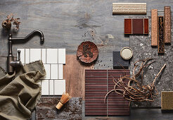 Moodboard with rustic materials in earthy colours for the kitchen