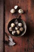 Vintage bowl with quail eggs, eggshells, and feathers on a wooden table