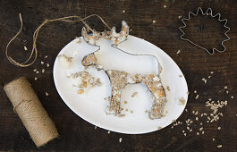Moose shaped cookie cutter filled with birdseed