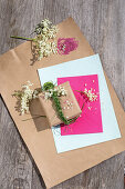 Package and envelope with elderflowers and decorative grass