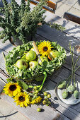 Wreath of green hydrangeas with apples and sunflowers in a basket