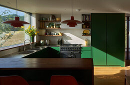 Fitted kitchen with green painted cupboard