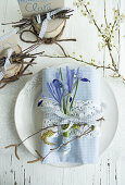 White and blue checkered cloth napkin with irises and ribbons on a plate and DIY birch trunk place card holder