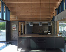 Kücheninsel in offener Küche mit Holzdecke in Architektenhaus