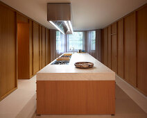 Designerküche mit Holzfronten und Arbeitsplatte aus Stein