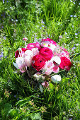 Basket with spring flowers in red and pink, Christmas roses, ranunculus, tulips (Tulipa)