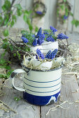 Eggshells filled with grape hyacinths (Muscari) and hay in an enamel pot