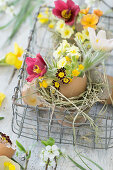 Egg shells with spring flowers in a nest of hay in a wire basket