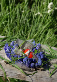 Kranz aus Traubenhyazinthen (Muscari) als Osternest, mit buntem Osterei und Federn dekoriert