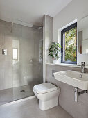 Walk-in shower with glass partition in modern bathroom