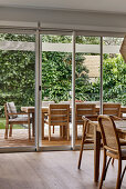 View of terrace with modern wooden furniture