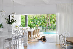 Dog sits in the dining area with a view of the terrace and pool