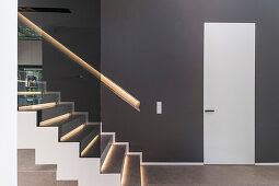 Treppenaufgang eines modernen Architekturhauses im Bauhausstil, Oberhausen, Nordrhein-Westfalen, Deutschland