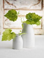 White ceramic vases with leaves