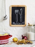 The word 'Mahlzeit' written on a blackboard in a student kitchen