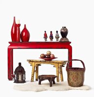 Assorted Ethnic Decor; Stools, Wooden Balls, Table, Lantern and Vases
