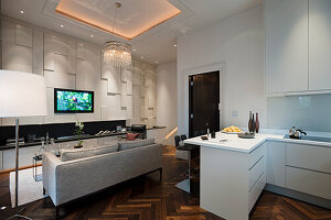 Modern open-plan living room with parquet flooring and wall panelling