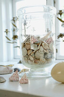 Glass vase filled with shells on a windowsill