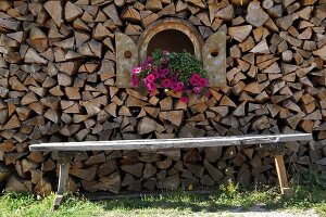 Holzstapel mit Bank und Petuniendeko